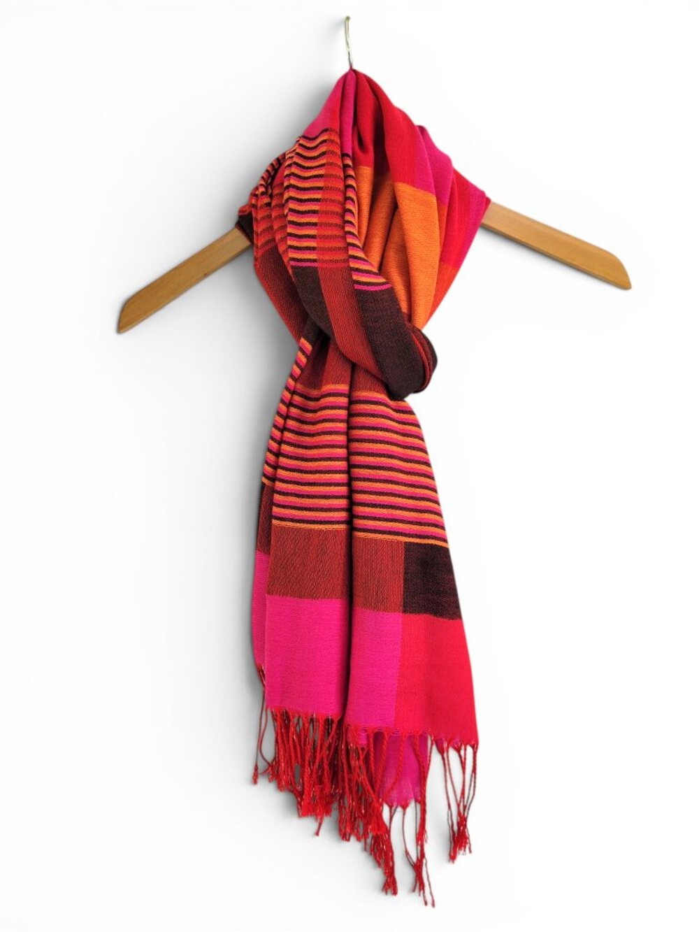 Super Soft Striped Plaid Woven Pashmina with Fringe - Pink Red Orange Colorblock